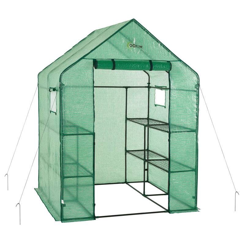 Machrus Ogrow Deluxe Walk-In Greenhouse with 2 Tiers and 8 Shelves - Green Cover, 77" H x 56" W x 56" D