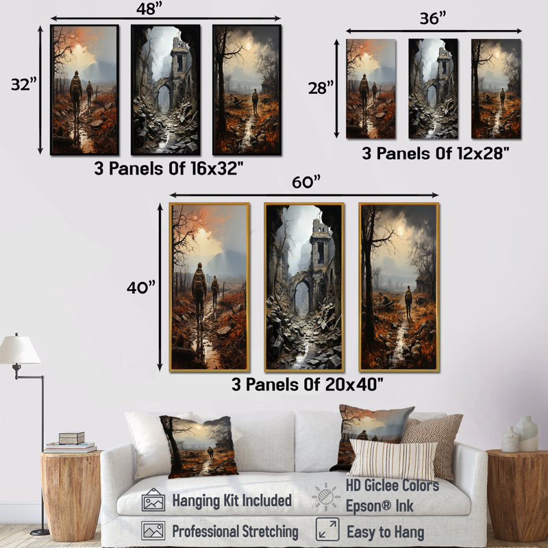 Militaire guerre paysage No Mans Land - ensemble de 3 décorations murales militaire, Cadre flottant noir, H 32 po x l 48 po