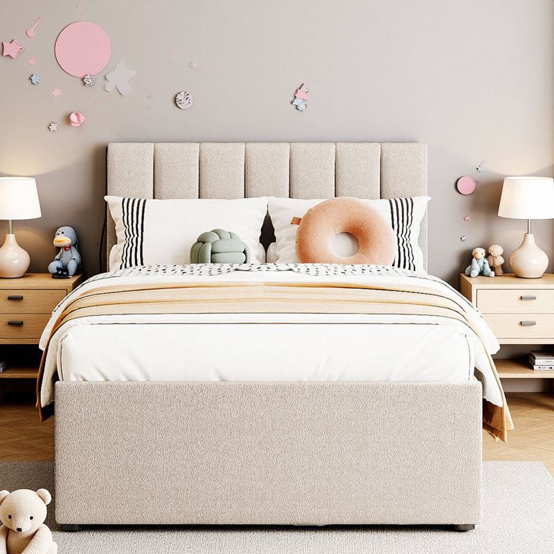 Classic Teddy Fleece Upholstered Platform Bed with Trundle & Smart LED Lighting, Twin, Beige