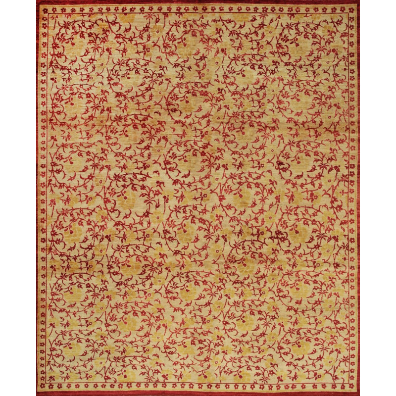 Ivory Hand-Knotted Wool Floral Vine Labyrinth Geometric Modern Contemporary Carpet Rug, 9' x 12'