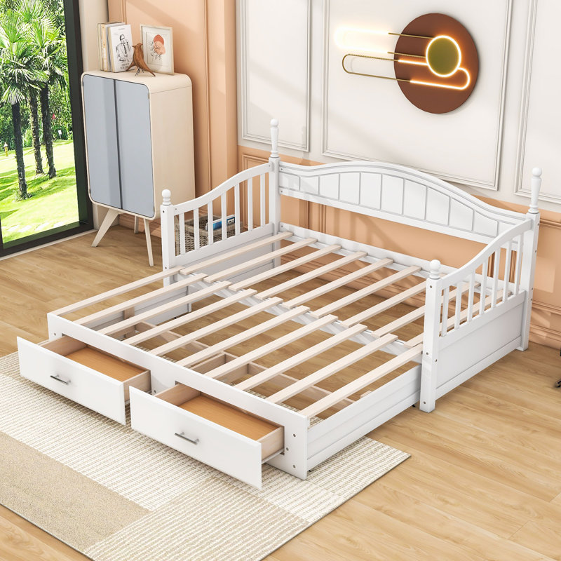 Wood Twin Extendable Daybed with Drawers and Twin Trundle, White