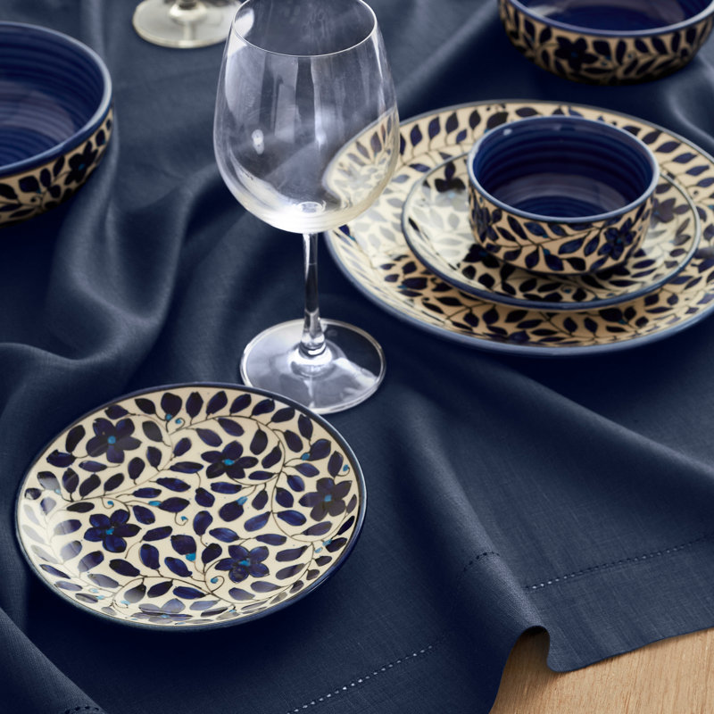 100% Pure Linen Hemstitch Table Throw - Classic Hemstitch, Navy