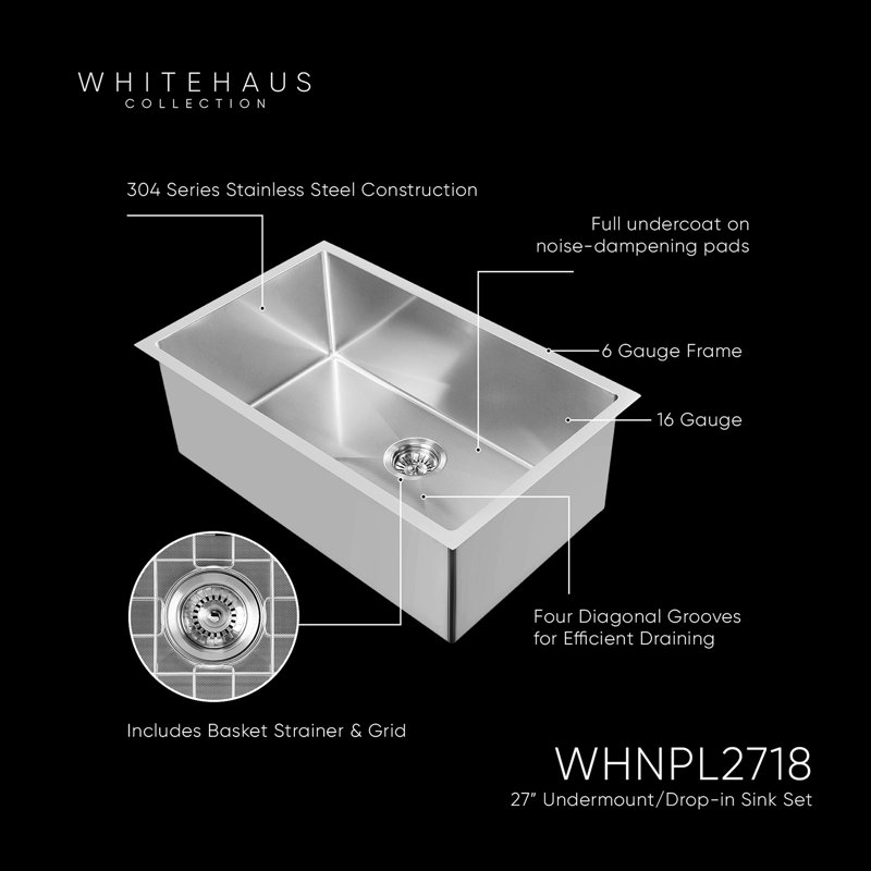 Ensemble d'évier de cuisine encastrable ou simple encastrable en acier inoxydable de calibre 16 Whitehaus