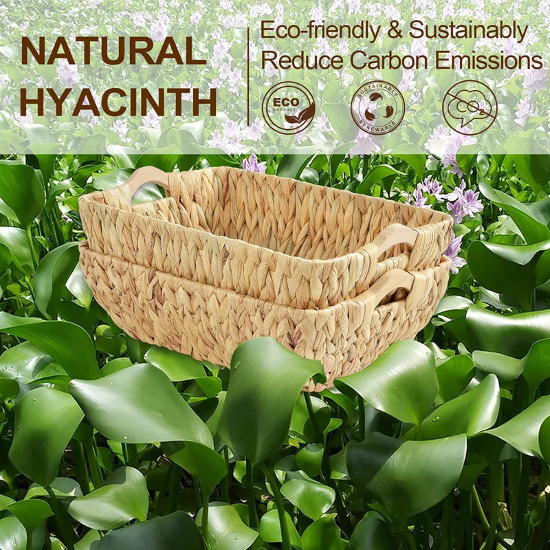 Wicker Baskets With Handles, Natural Wicker Basket For Organizing Shelves, Small Hand Woven Water Hyacinth Storage Baskets Set Of 2