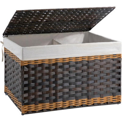 Panier de rangement avec couvercle, 105 L (27,7 gallons), panier à couvertures avec sac de doublure amovible, panier à linge en osier synthétique avec poignée, pliable, brun