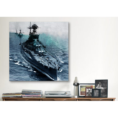 Drapeaux rétro de la Seconde Guerre mondiale, États-Unis, cuirassés en mer, reproduction de photo sur toile en bleu