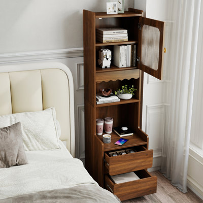 Mid-Century Modern Bedside Table with Open Shelves and 2 Drawers, Walnut Wood Night Stand & Bookshelf for Bedroom, Living Room