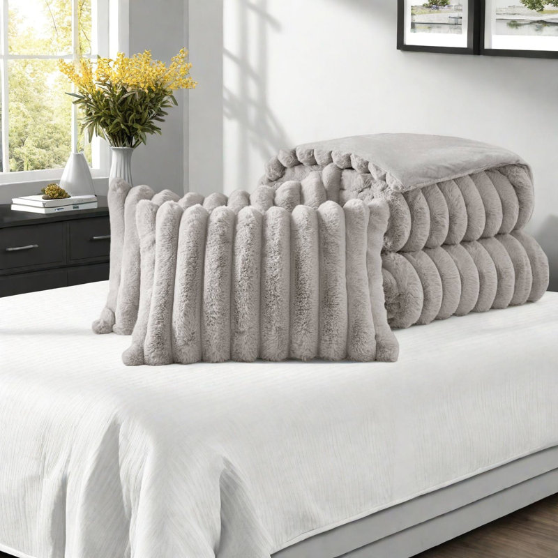 Soft Faux Fur Bedding Sets, Light Gray Comforter For Home