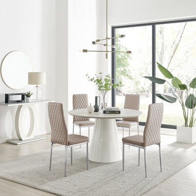 Edzard Statement Round Dining Table Set in Luxury Beige Stone Effect & 4 Faux Leather Dining Chairs