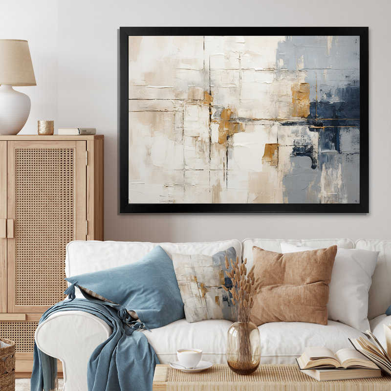 Minimalisme beige et or scandinave - art mural sur toile scandinave, Cadre flottant noir, H 34 po x l 44 po x P 1,5 po