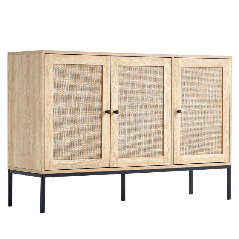 Natural Rattan Cabinet with Adjustable Shelves and Black Legs