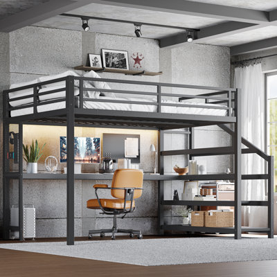 Queen Loft Bed with Desk & Storage Stairs, Metal Loft Bed with LED Lights, USB Ports, Noise-Free, Black
