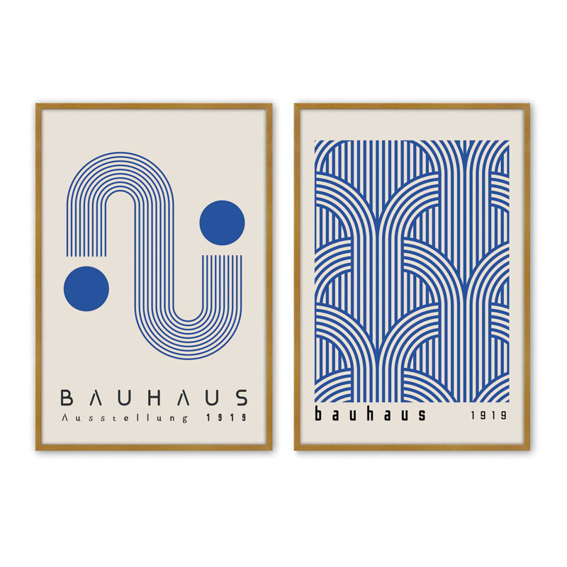 Blue Bauhaus Duo, ensemble de 2 impressions roulées, Cadre doré poli, H 17,5 po x l 25,5 po x P 1,25 po