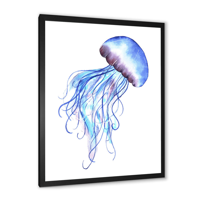 Adorable méduse bleue - reproduction sur toile, Cadre noir, H 20 po x l 12 po
