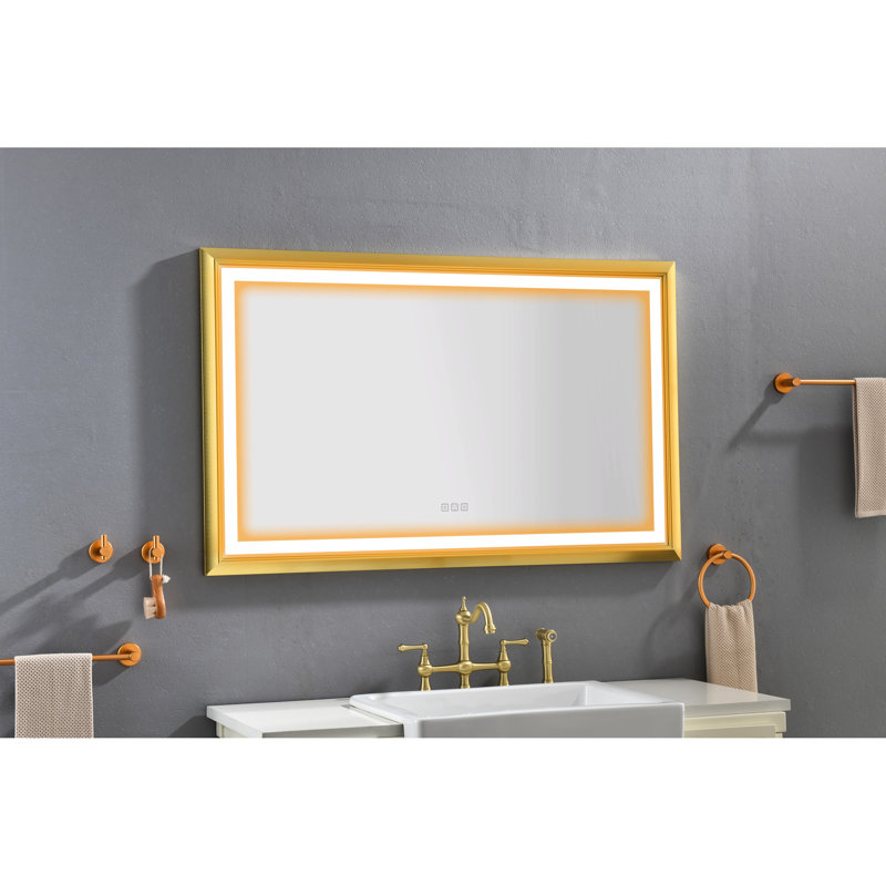 Miroir de salle de bain mural 48 po x 30 po à DEL avec cadre en aluminium, brouillard, mémoire, 3 couleurs, réglage continu de la luminosité, artisanat exquis, finition or brossé