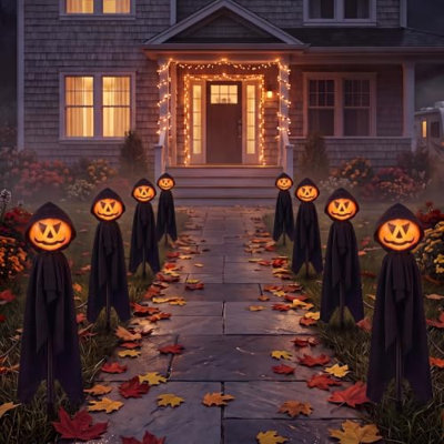 Pinkunn 6 Pack Solar Pumpkin Lights Halloween Black Cloaked Lantern Stakes