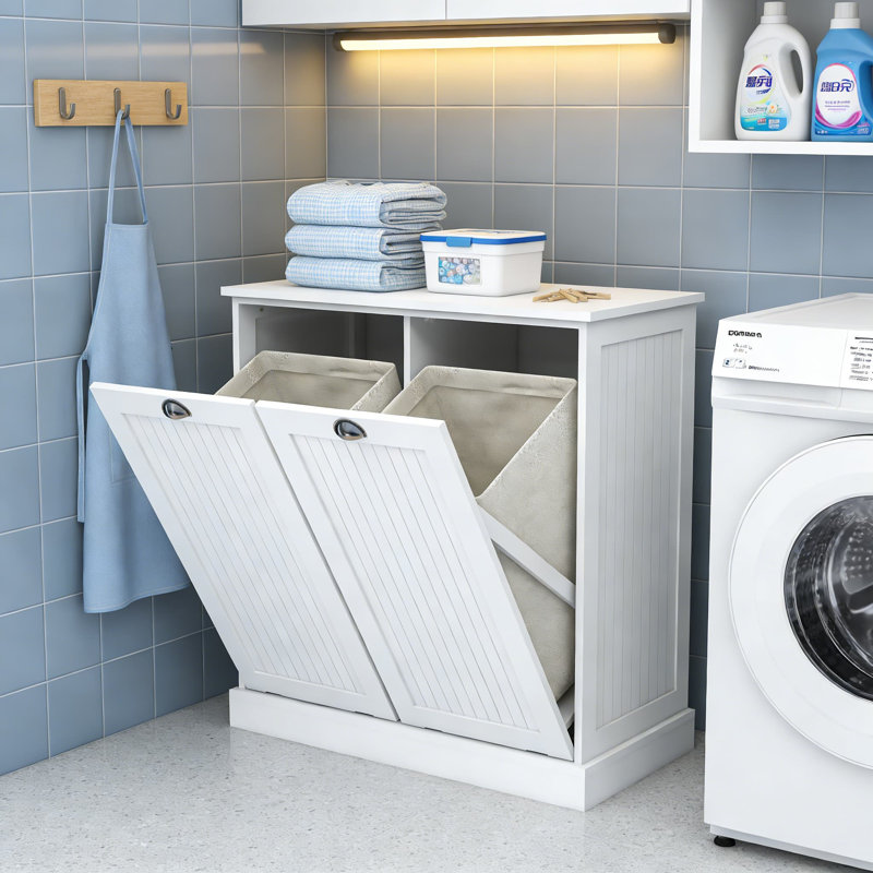 Tilt-Out Laundry Hamper Cabinet With Removable Baskets, Double Hidden Storage Organizer, White Engineered Wood Freestanding Bathroom Or Laundry Room Cabinet