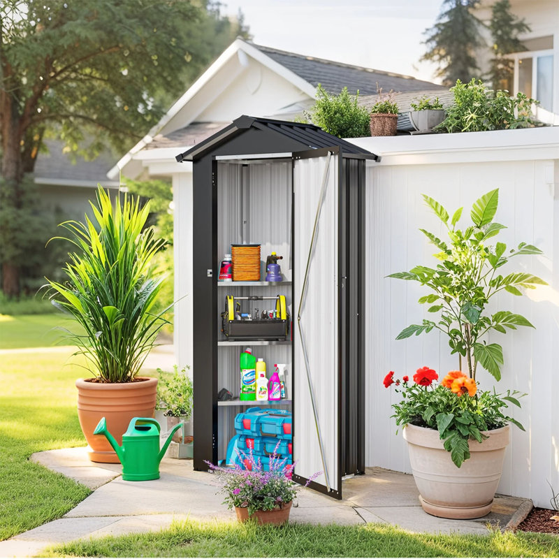 Waterproof Outdoor Storage Cabinet With Shelves, Lockable Metal Tool Shed, Black