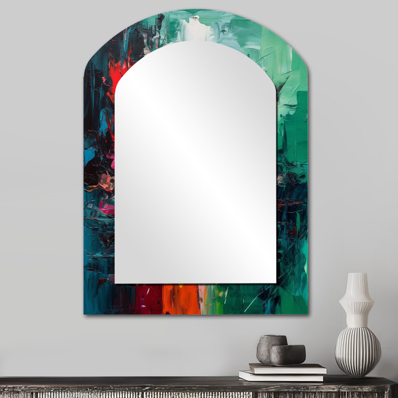 Red and Green Textures Of The Mind I - Abstract Arch Large Mirror, Modern Asymmetrical Unique Wall Mirror Decor, Printed Metal Art