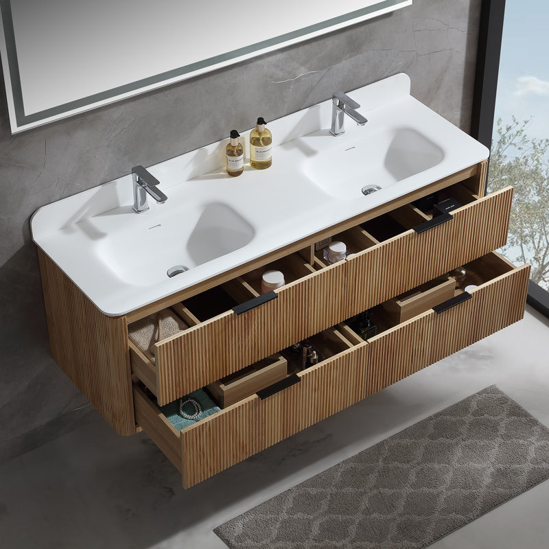 Meuble-lavabo mural flottant avec plateau en acrylique, Chêne, 60"