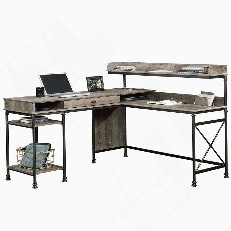 L-Shaped Metal Frame Desk With Built-In USB Ports