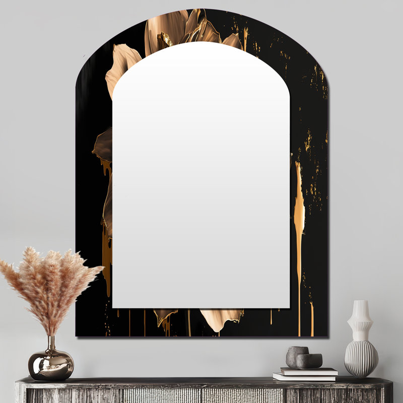 Noir et doré Dahlia - miroir arqué Dahlia, miroir mural noir asymétrique unique, impression sur métal, 43 po x 33 po