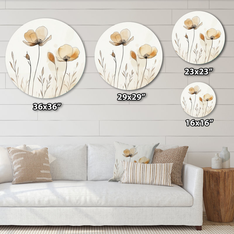 Minimalist Line Florals In Beige - Décoration murale ronde en métal à motif floral abstrait, L 23 po x H 23 po
