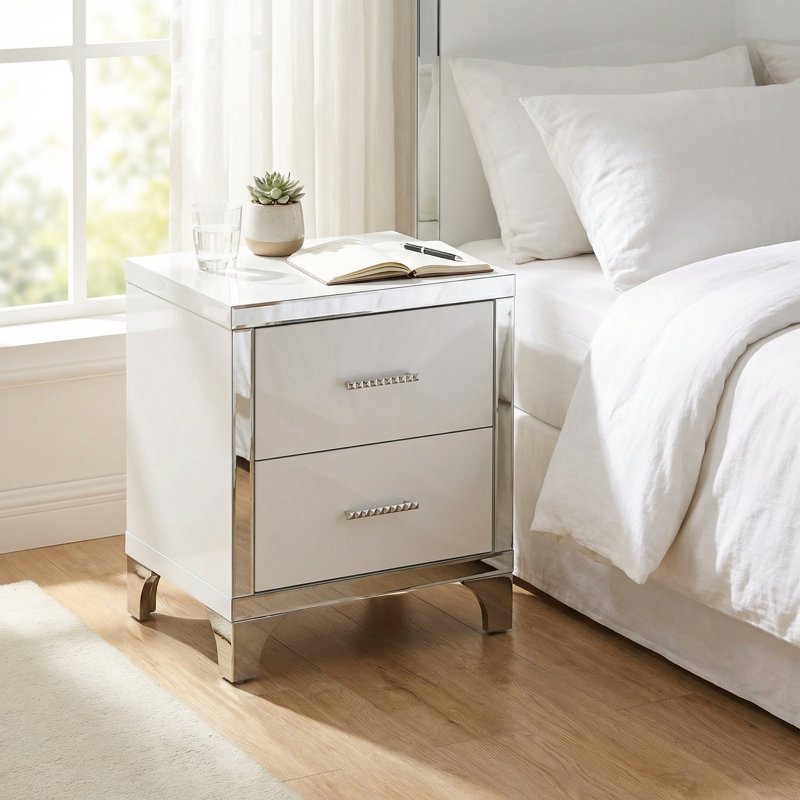 Table de chevet moderne à miroir haute brillance avec deux tiroirs et glissières silencieuses pour la chambre à coucher, le salon ou le dortoir