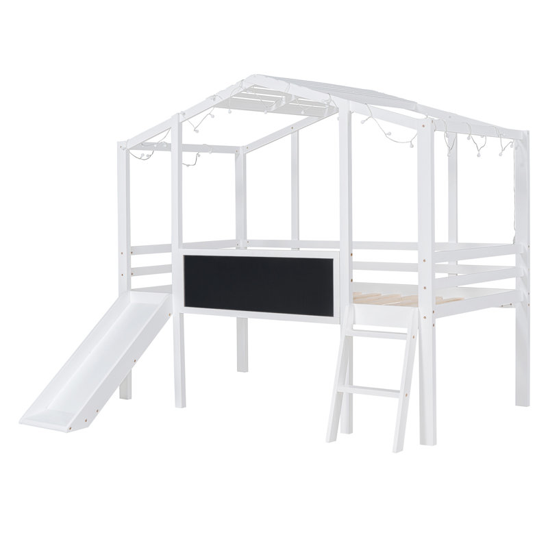 Lit mezzanine simple avec échelle et glissade, lit maison avec tableau noir et bande lumineuse sur le toit, Blanc