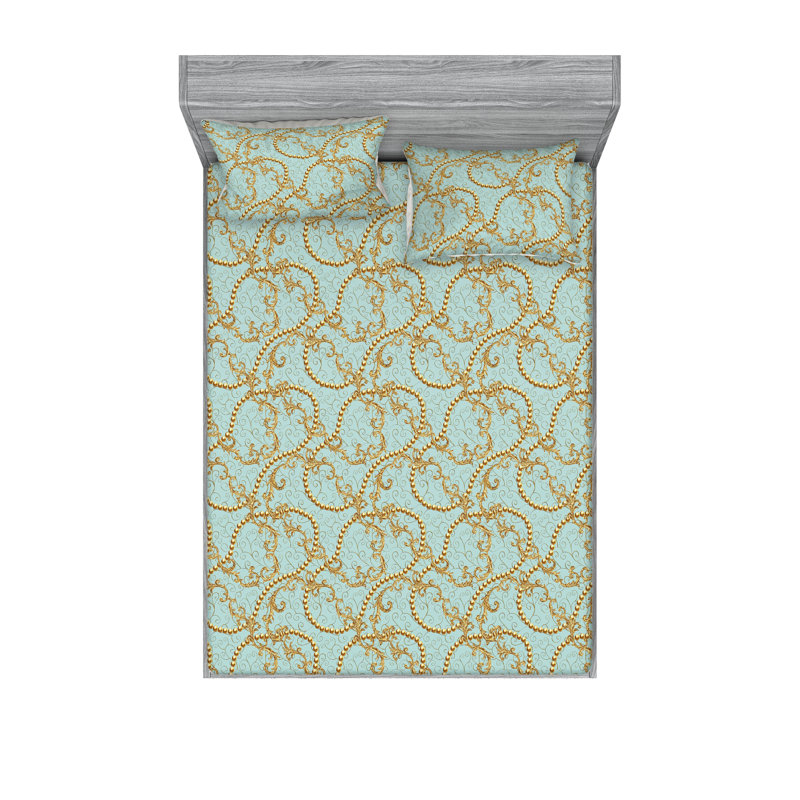 Ambesonne Fitted Sheet & Shams, King Sheet Set with 2 Pillowcases, Pale Blue/Mustard Floral