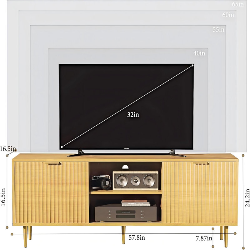 Modern Industrial TV Stand Media Console – Wood & Metal Frame, Open Storage & Cable Management, Wood