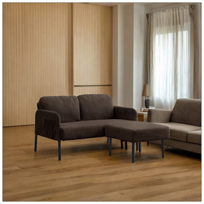 Canapé en L brun à 2 places avec repose-pieds, causeuse moderne en tissu de polyester pour petits espaces, confortable et élégant