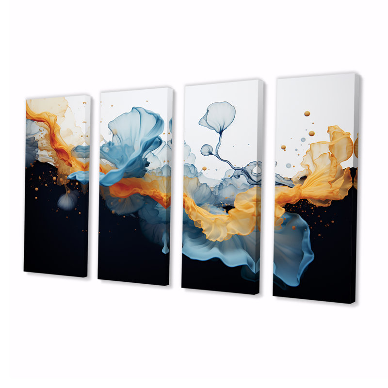 Crescentino - Art mural abstrait à encre liquide 4 pièces, H 28 po x l 48 po