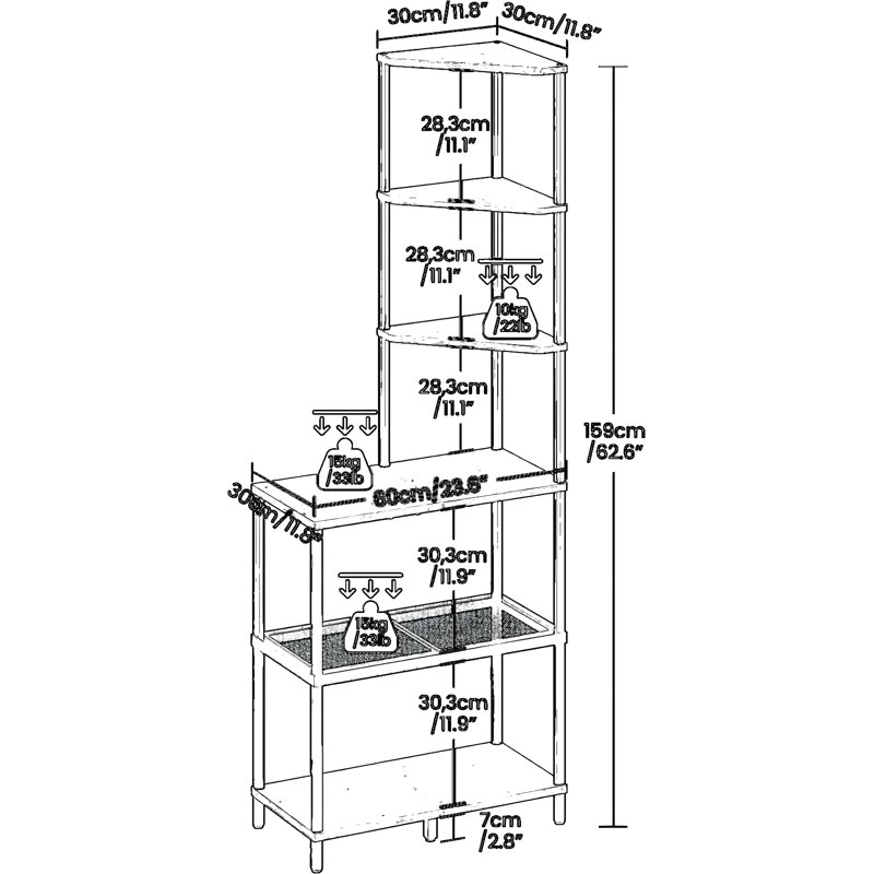 Tablette de coin industrielle avec plateau de bureau, présentoir de rangement en forme de losange à 6 niveaux pour le salon, le bureau personnel, la cuisine et les petits espaces