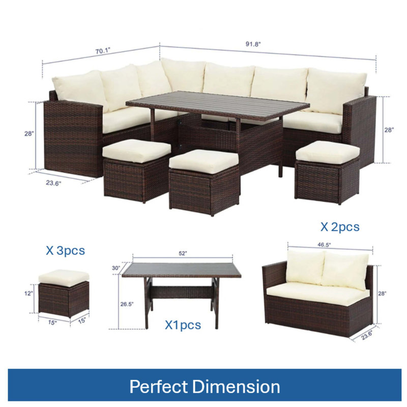 Ensemble repas d'extérieur modulaire en osier 9 places toutes saisons, Beige