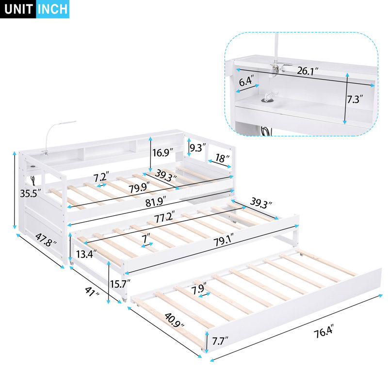 Lit de jour simple TG en bois avec 2 lits gigognes, 3 casiers de rangement, 1 lumière gratuite et conception de chargement USB