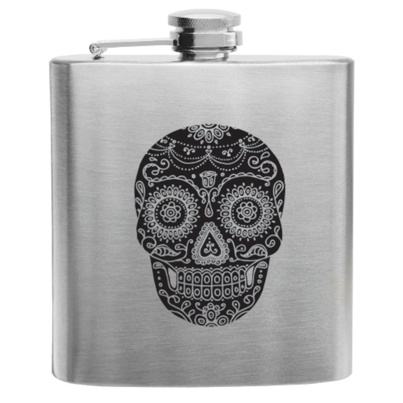 Fiole noire de Dia De Los Muertos de 6 oz à toucher doux Cassady Trueflask, Argent argent
