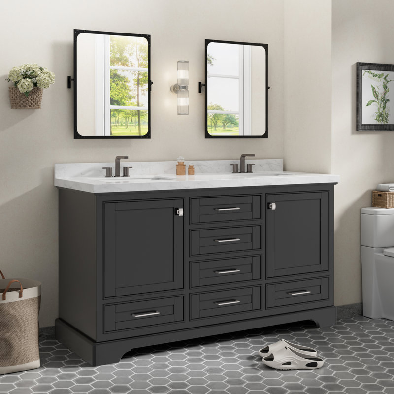 Meuble-lavabo double 60 po avec plateau en pierre reconstituée Linsay, Noir