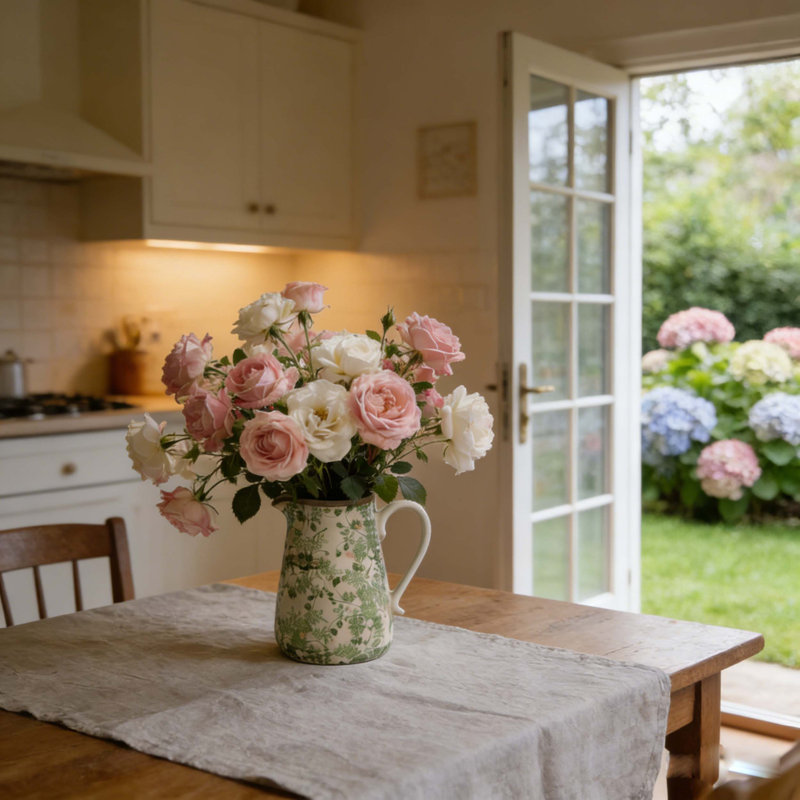 Vase en céramique avec un motif floral vert complexe, idéal pour la présentation décorative, les arrangements de fleurs fraîches et l'utilisation sur table fonctionnelle.