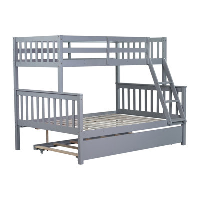 Twin Over Full Rubber Wood Bunk Bed With Trundle, Convertible Ladder And Guardrail, Detachable, Convertible Bed, With Twin Size Trundle