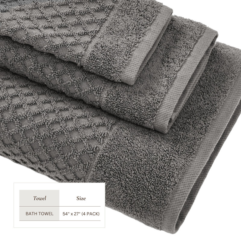 Ultra-Soft & Absorbent 100% Cotton Towel Set, Dark Gray Diamond, Bath Towels - 4 Pack