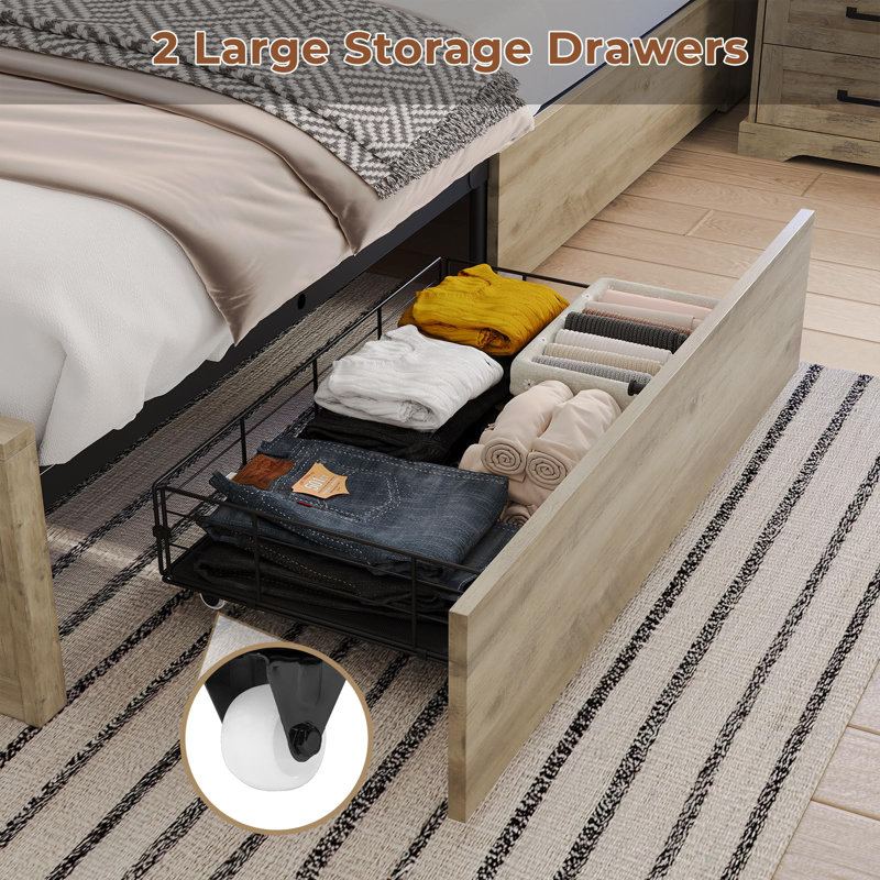 Farmhouse Bed Frame Queen With Bookshelf Headboard And 2 Drawers, Platform Queen Bed With Led Lights And Charging Station, Grey