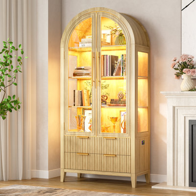 Freestanding Arch Display Cabinet with RGB Lights and Motion Sensor, Large Capacity Tempered Glass Doors Office Storage Cabinets