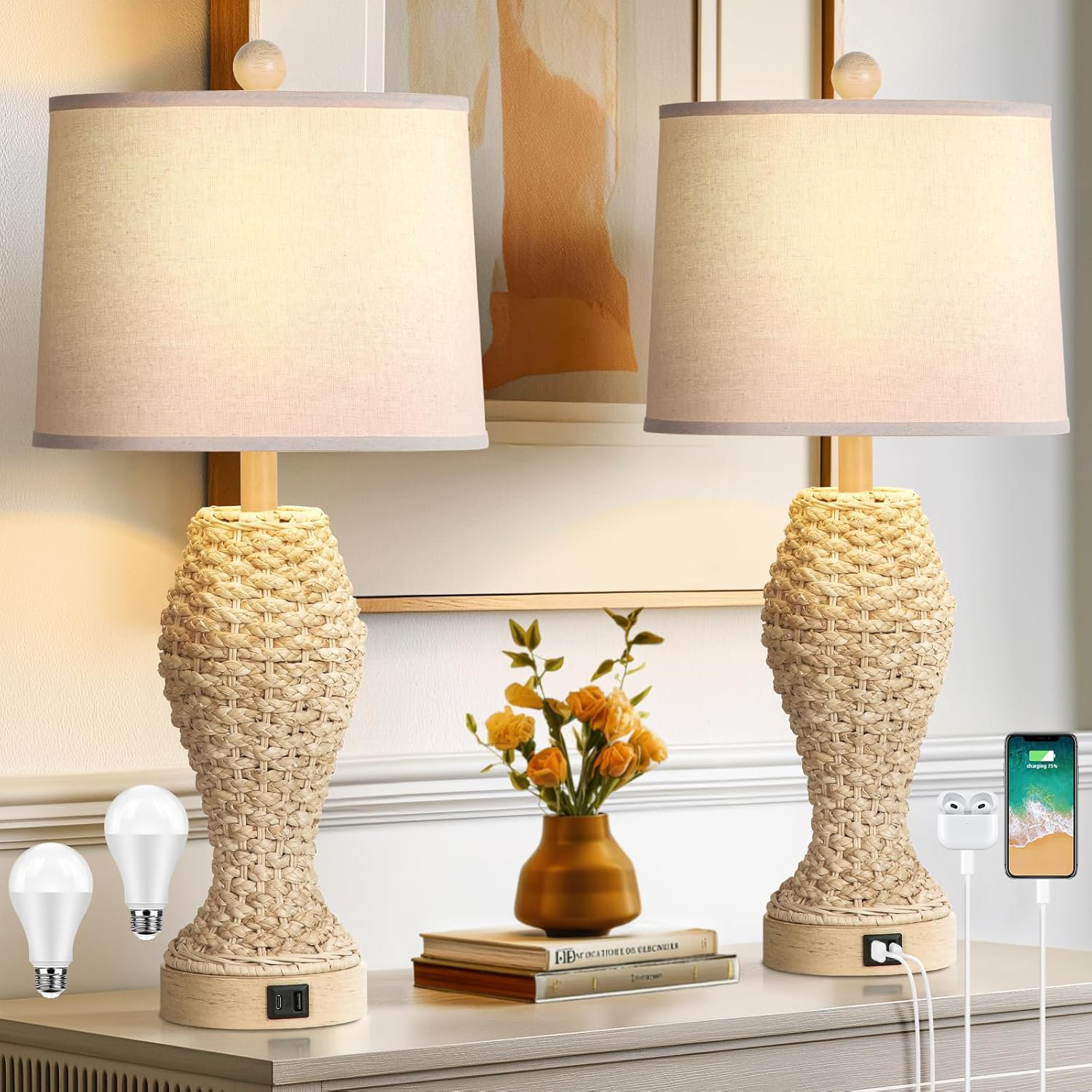 Bayou Breeze Handwoven Rattan Nightstand Lamps With Usb Charging
