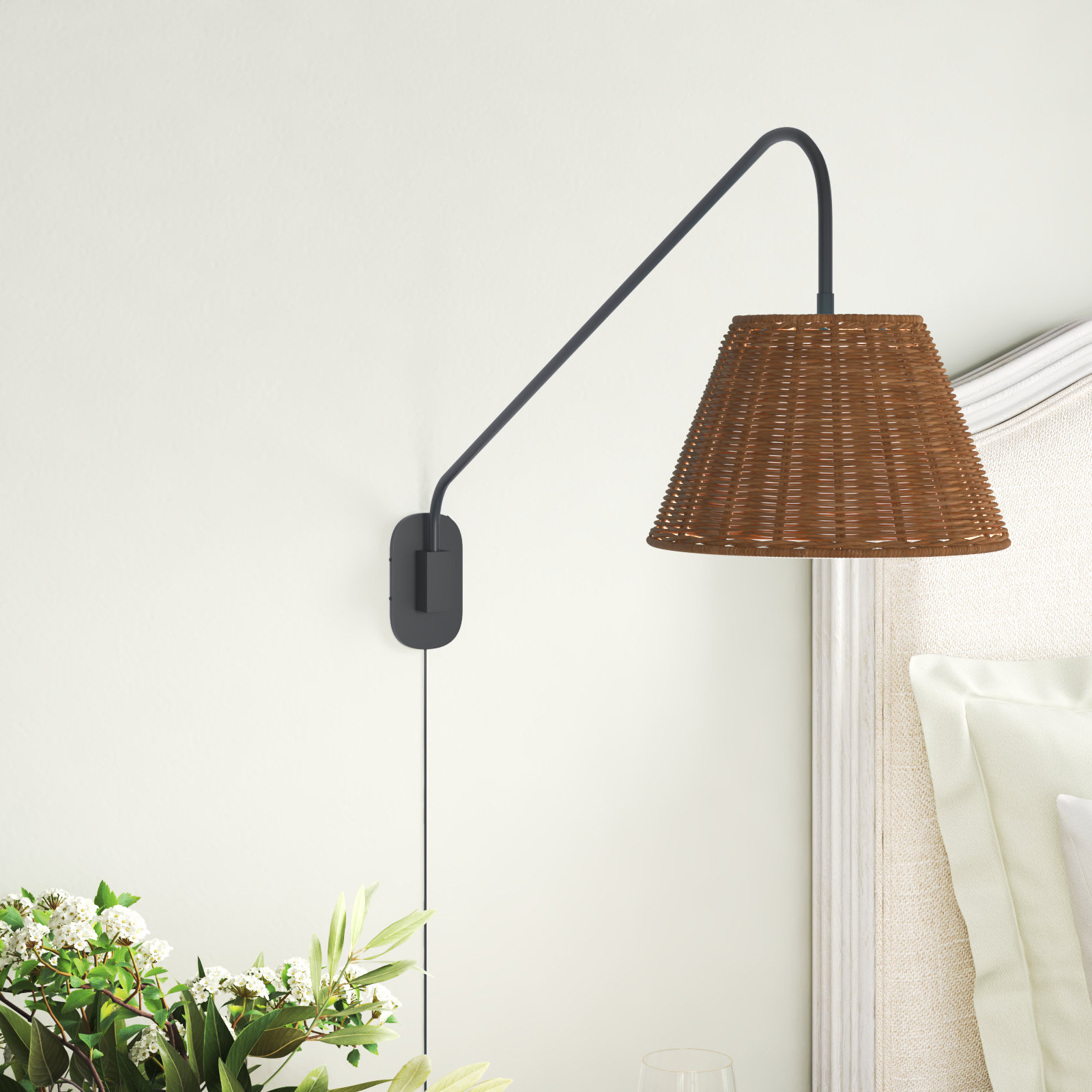 Joyelle Single Light Rattan Steel Dimmable Plug-in Swing Arm Sconce, Dark Rattan, Black