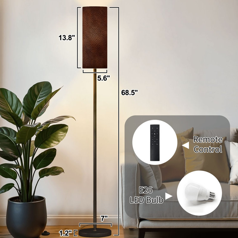 Lampe sur pied en cuir de vache naturel brun clair avec lampe à pied à intensité variable moderne avec télécommande et interrupteur au pied avec abat-jour