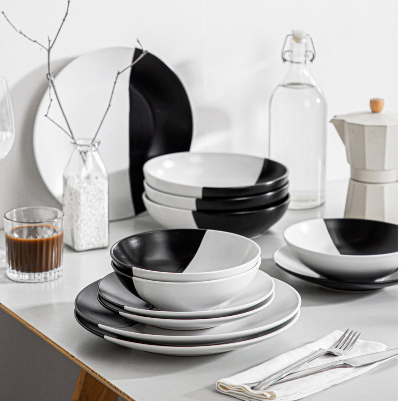 16 Piece Handmade Stoneware Dinnerware Set - Service for 4, Black/White