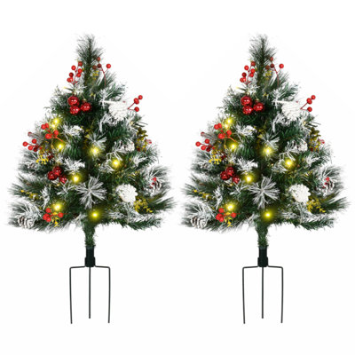 2.5 Ft/30" 2 Pack Outdoor Entryway Pre-Lit Artificial Christmas Tree Cordless With 70 Branches, Warm White LED Lights, Red Berries, Pine Cones, Balls, Green