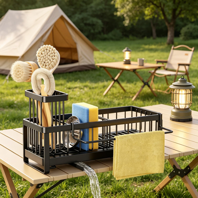 Porte-éponge pour évier de cuisine - Porte-évier à vidange automatique avec barre à serviettes amovible, porte-brosse et rangement divisé, organisateur de cuisine en acier inoxydable 304 pour comptoir, grand
