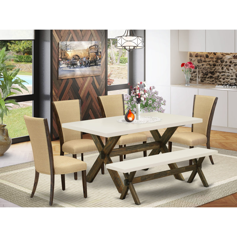 6 Piece Kitchen Table Set Contains a Rectangle Dining Table with X-Legs and 4 Brown Linen Fabric Parson Chairs with a Bench, Distressed Jacobean Finish